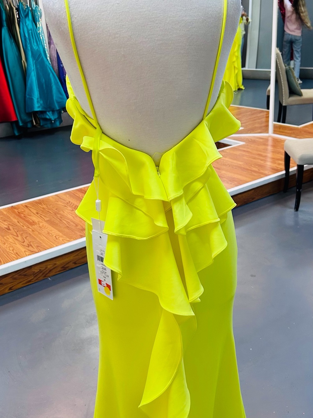Neon Yellow Ruffle-Trim Spaghetti Strap Prom Dress - Picture 2 of 4